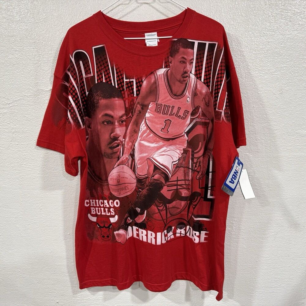 Derrick Rose Chicago Bulls NBA T-Shirt Red All Over Print Basketball Fan Tee XL